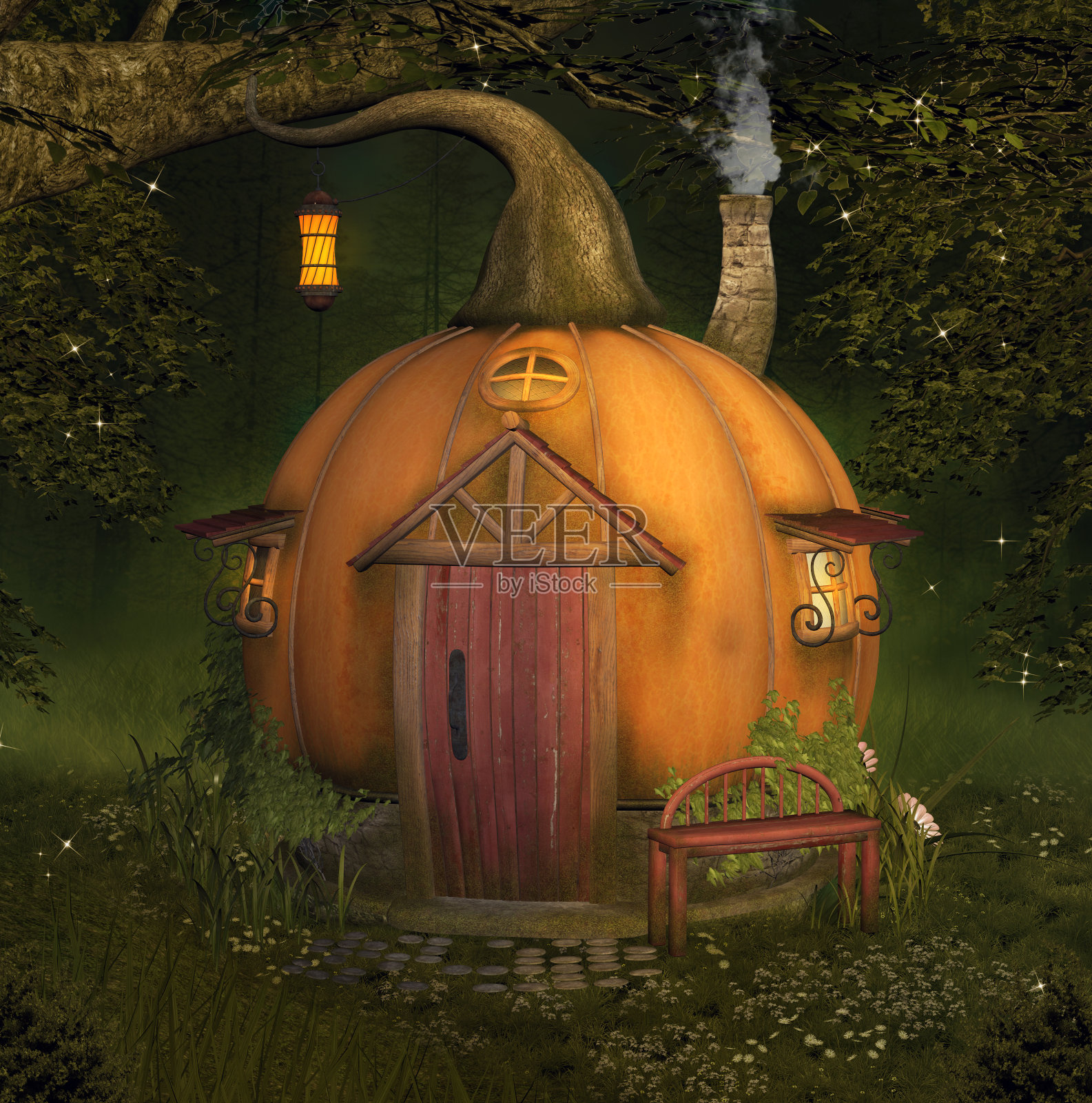 森林里的魔法南瓜屋插画图片素材