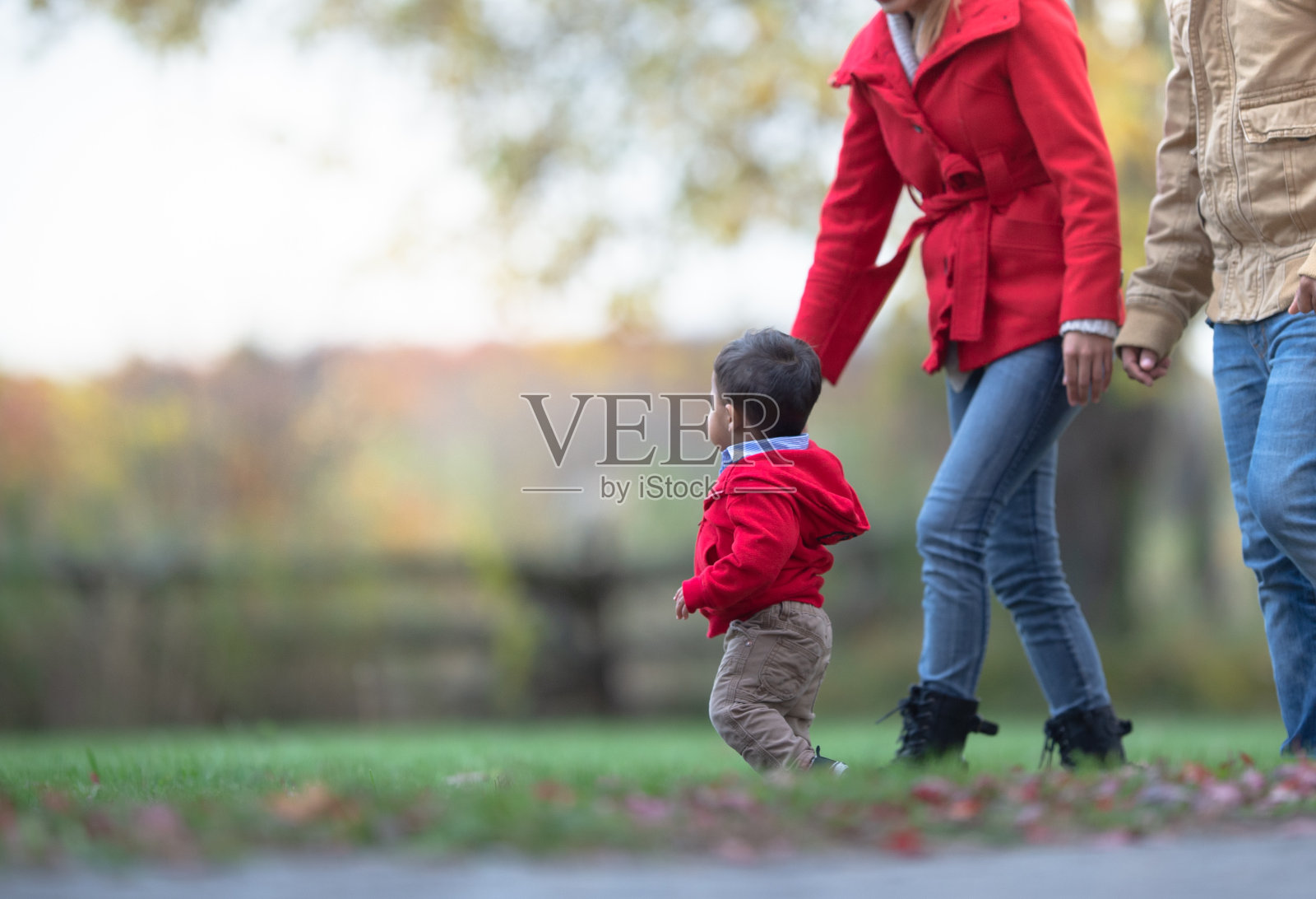 一家人在秋天和蹒跚学步的孩子一起散步照片摄影图片