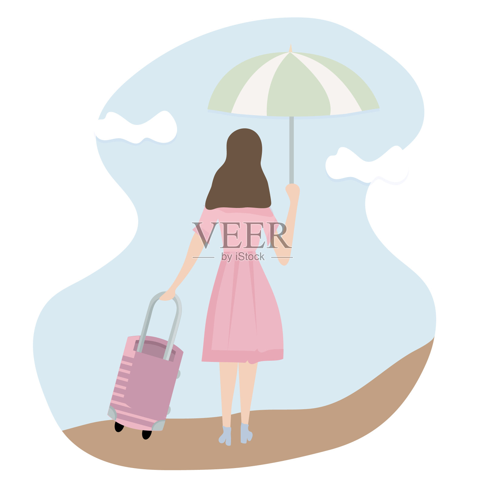 优雅的女孩带着行李箱踏上了迎接冒险的旅程。穿着漂亮的裙子,高跟鞋,撑着伞挡着太阳。在蓝天白云的衬托下。插画图片素材