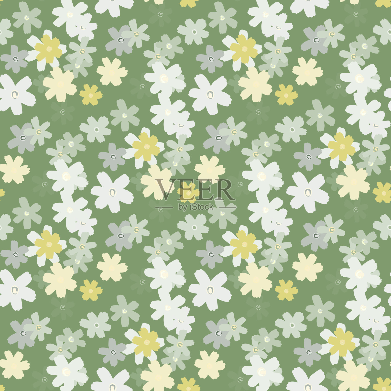 春天无缝花卉图案与雏菊花剪影。柔和的绿色背景与浅蓝色和白色植物装饰。插画图片素材