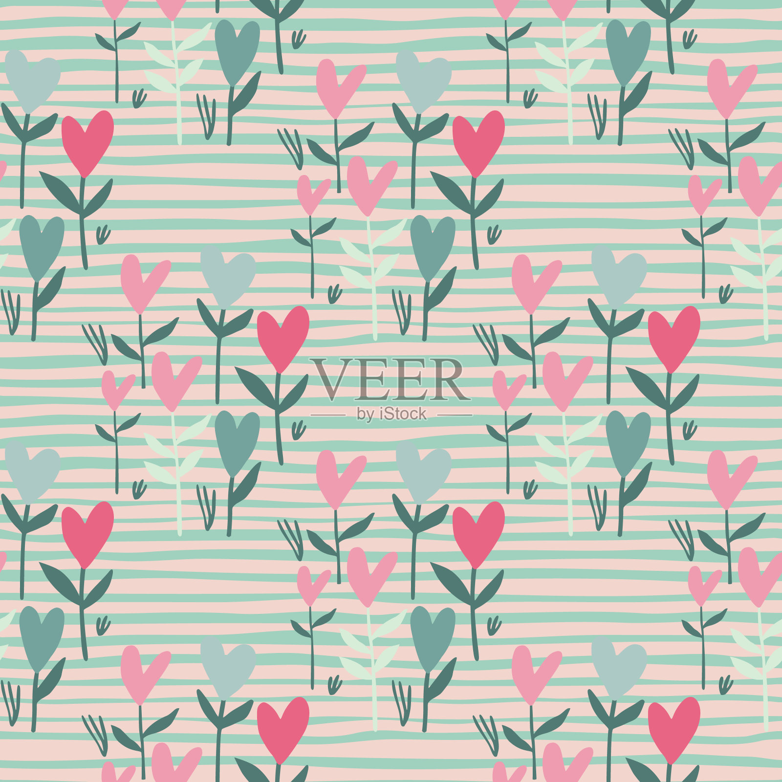 柔和柔和的心脏形态。条纹背景与绿松石线。粉色和蓝色的情人节花。插画图片素材