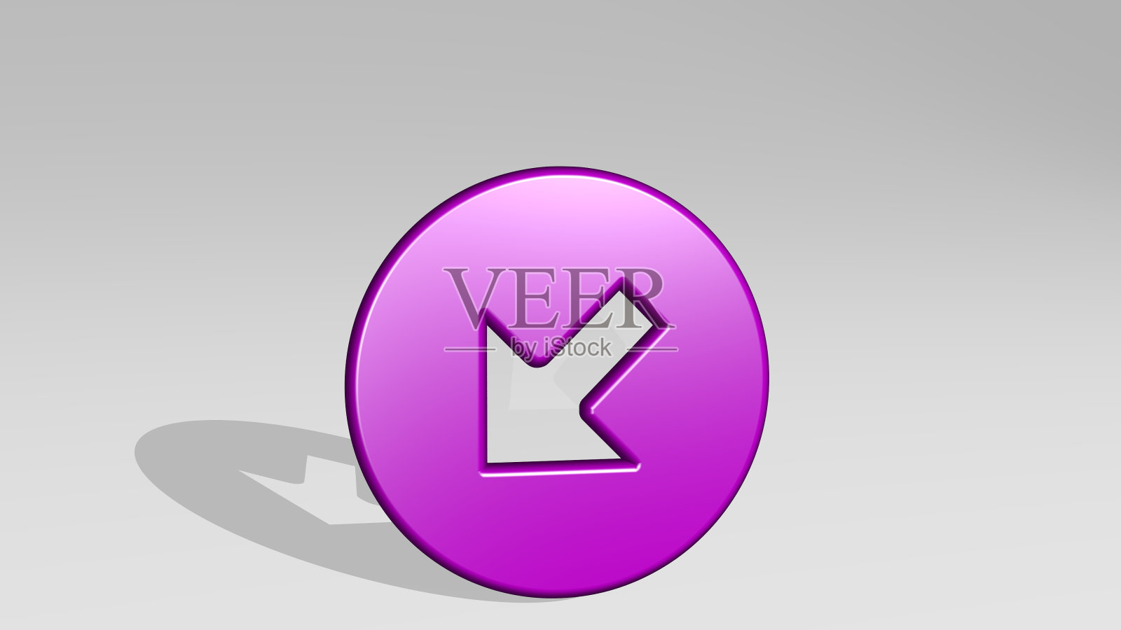 箭头粗圆左下角由一个闪亮的金属雕塑的3D插图与光影背景上的阴影。图标和设计图标素材