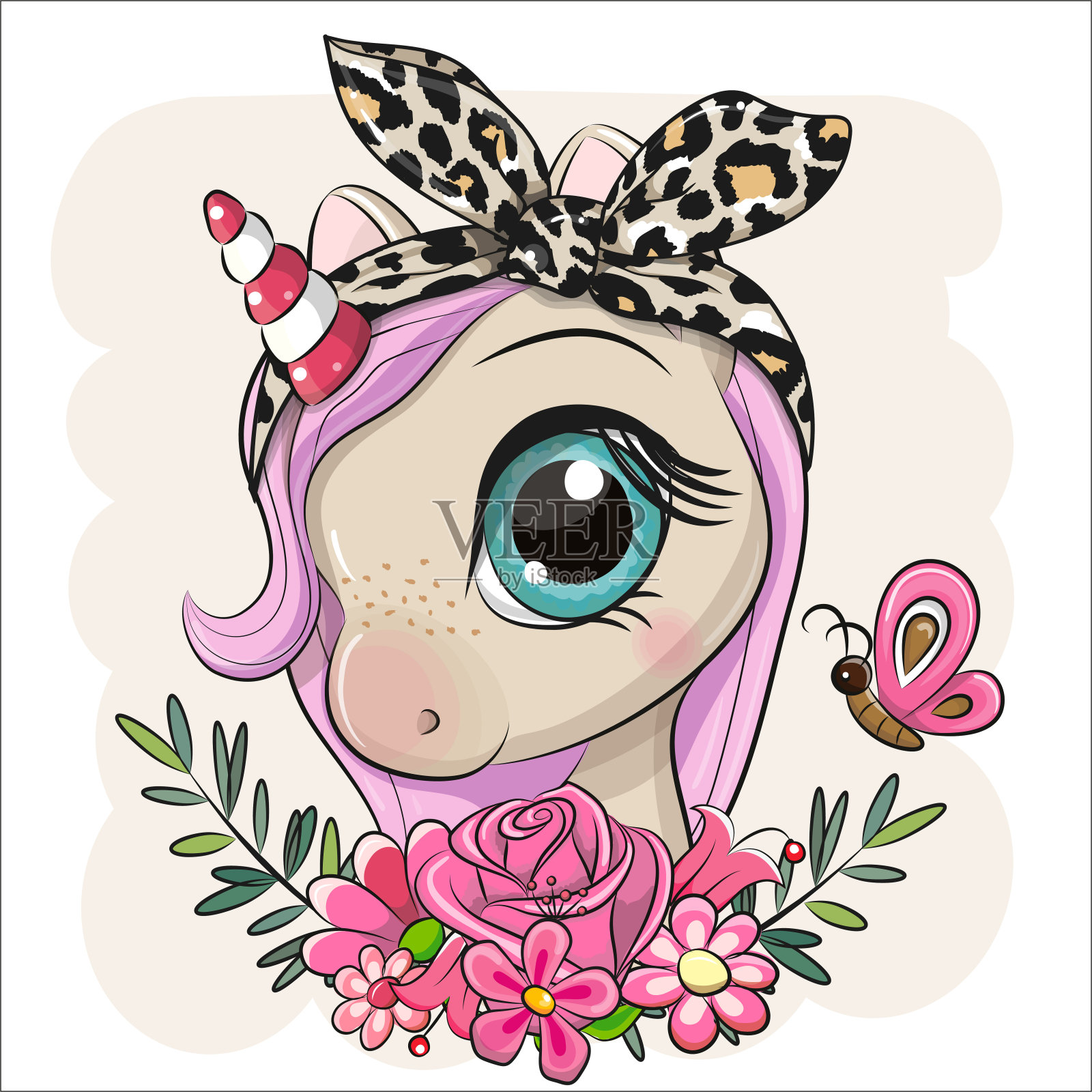 卡通独角兽与花在米色的背景插画图片素材