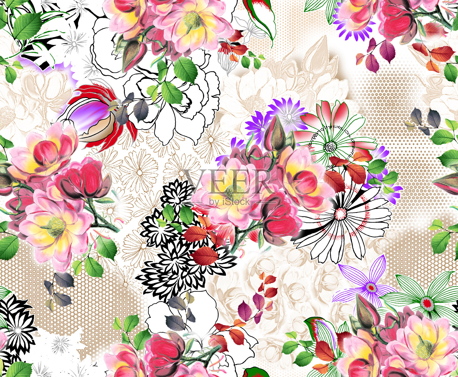 抽象花卉图案与色彩背景的多目的插画图片素材