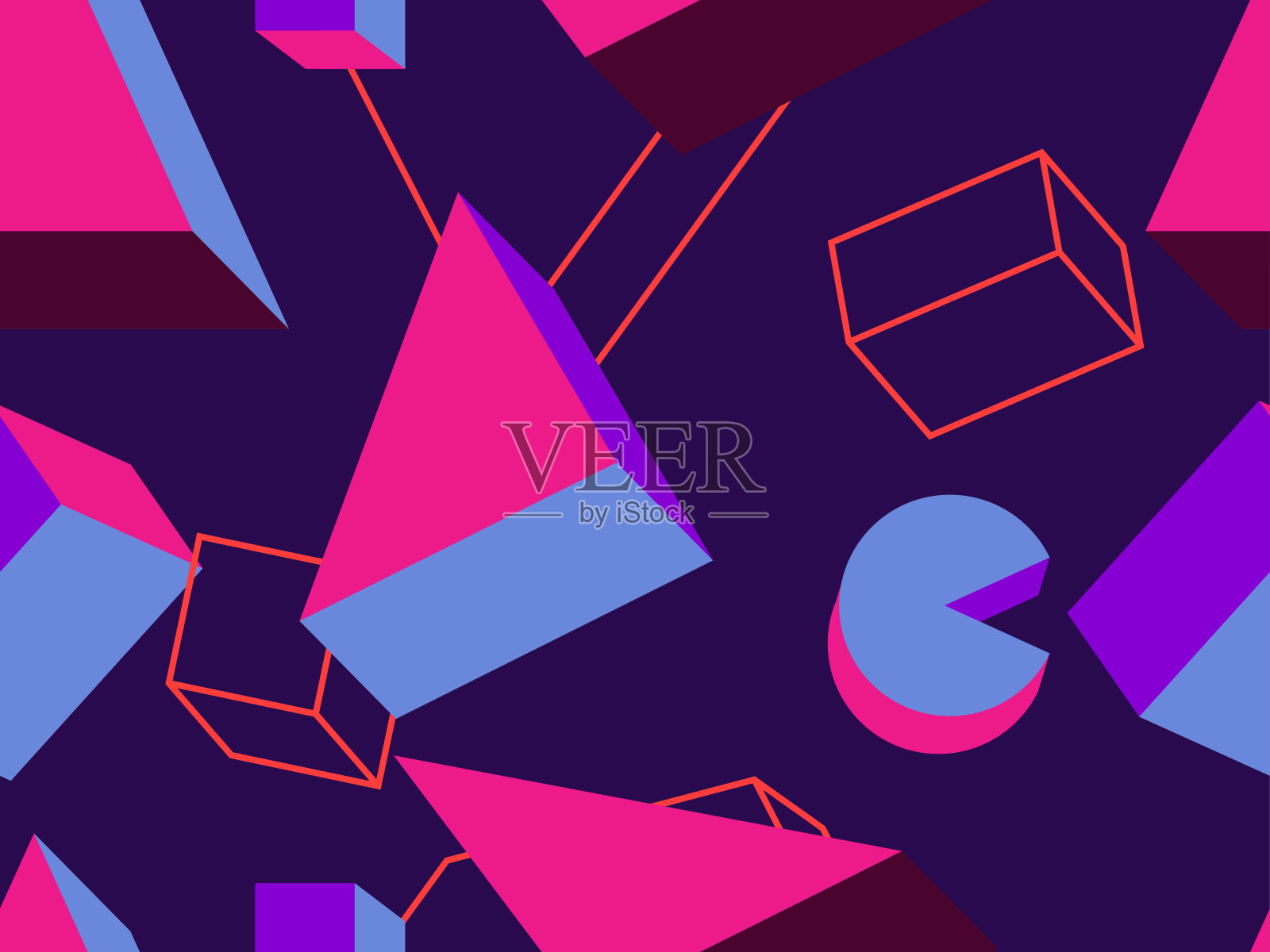 无缝模式与80年代风格的3d几何形状。背景推广产品,包装纸和印刷。矢量图插画图片素材