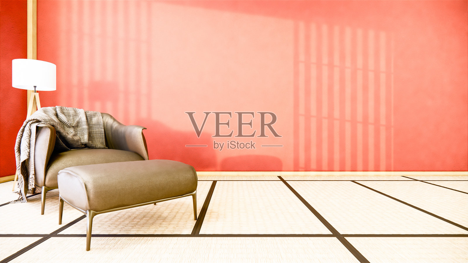 室内设计有扶手椅上空红色日式设计,3D效果图照片摄影图片