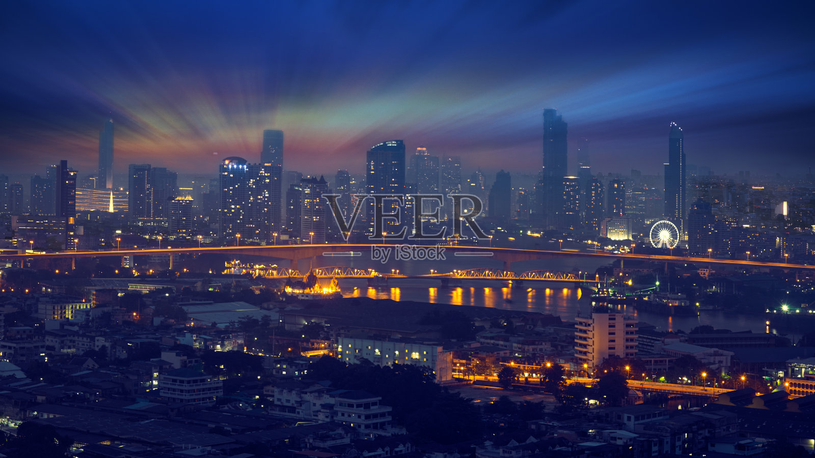 超现实的城市夜景天际线与大都市为背景照片摄影图片