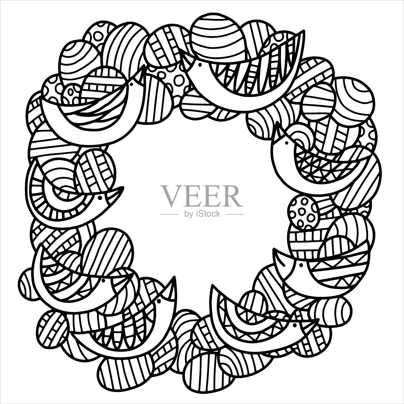 复活节花环与彩色蛋和鸟类着色页股票矢量插图插画图片素材