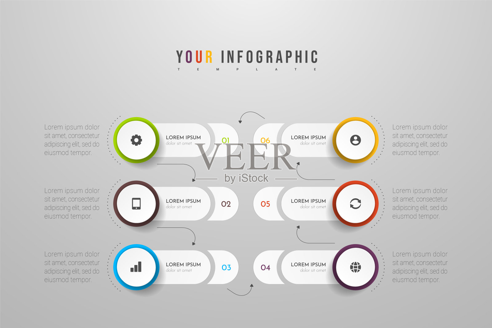 信息图形设计矢量和营销图标可以用于工作流布局,图表,年度报告,网页设计。具有6个选项、步骤或流程的业务概念。插画图片素材