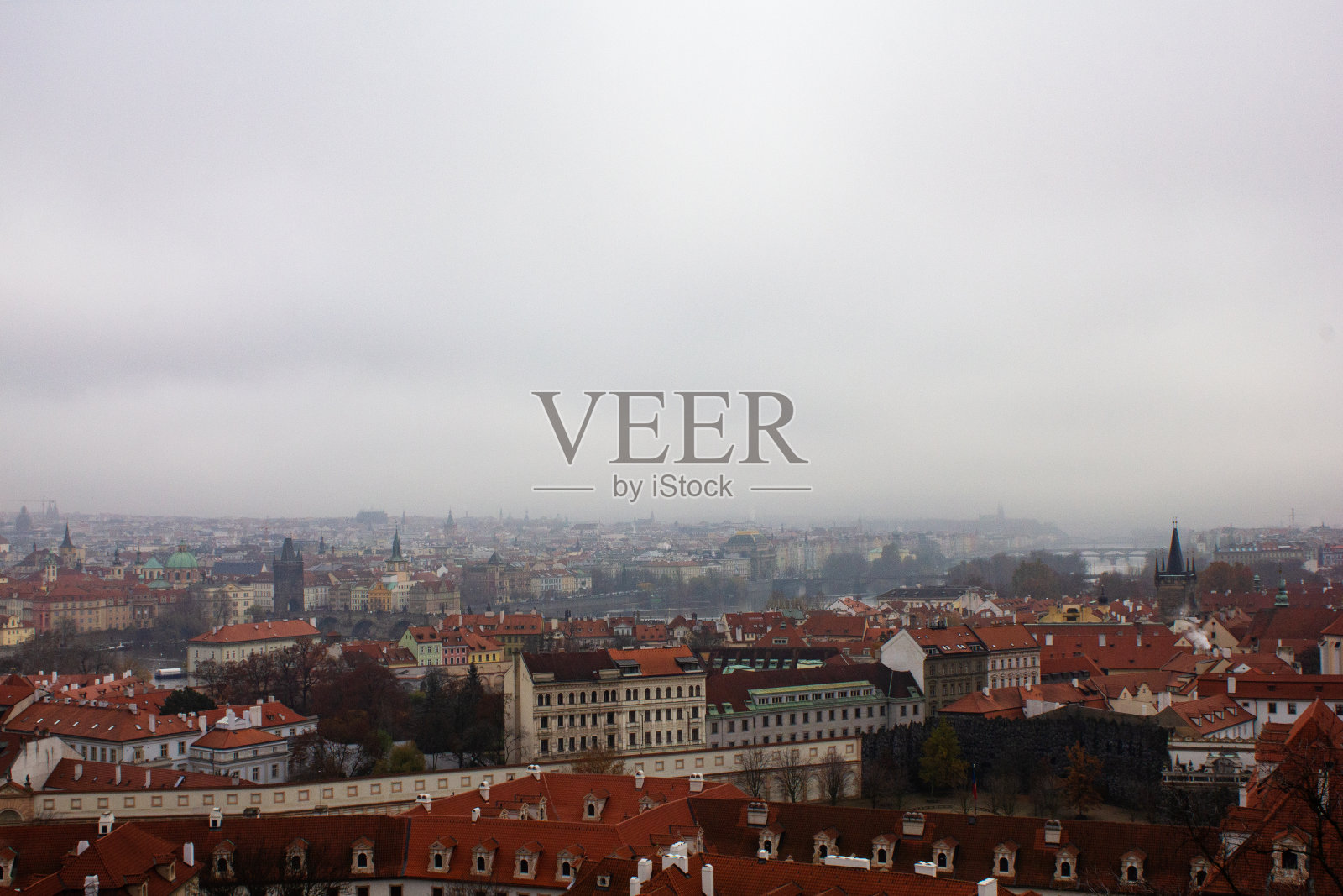 布拉格大雾天的红色屋顶。从上面俯瞰布拉格城市。布拉格的全景。布拉格的大雾天。雾笼罩着城市。照片摄影图片