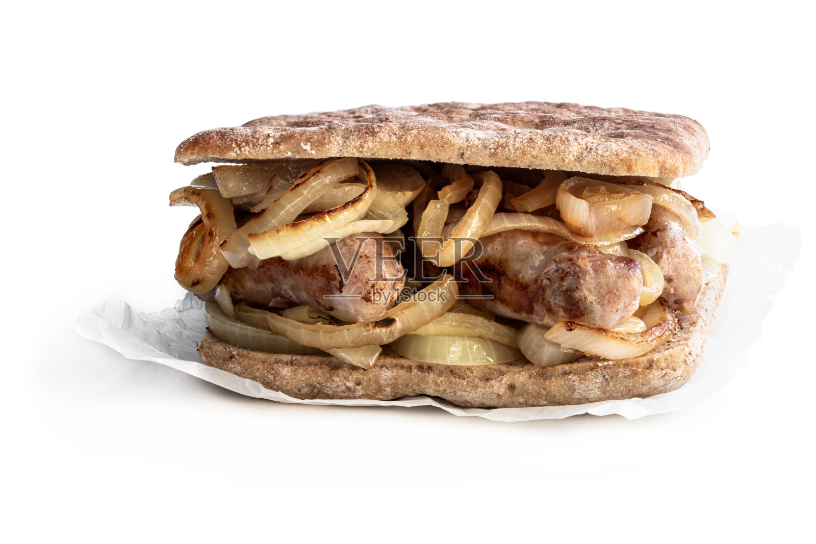 三明治用香肠和洋葱单独烹煮上白照片摄影图片