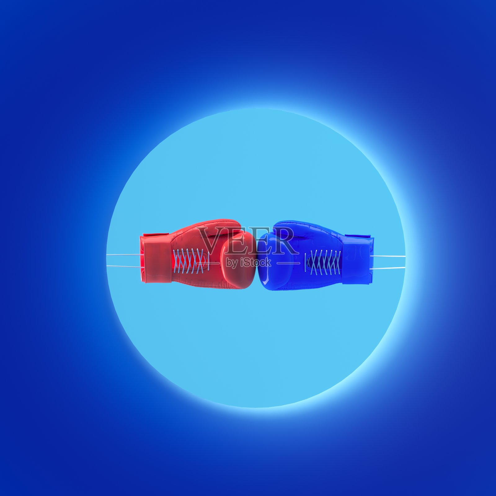 蓝色和红色拳击手套对战蓝色圆形背景。3D渲染。极简概念照片摄影图片