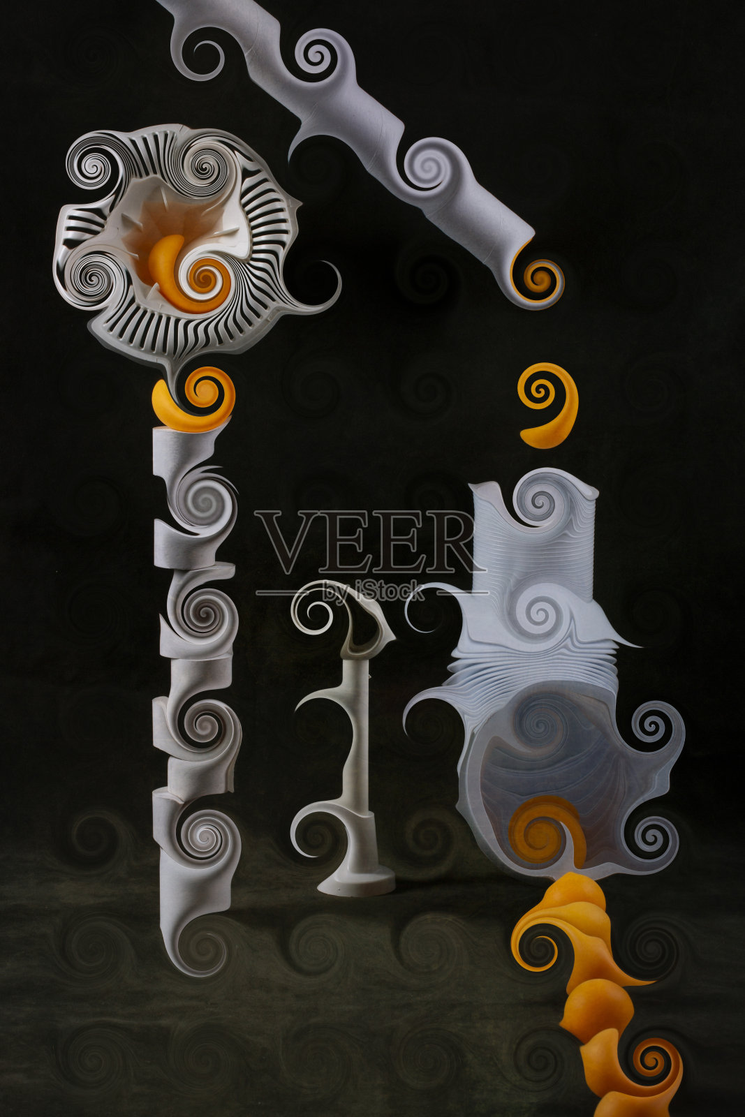 在黑暗背景上有漩涡物体的抽象图像照片摄影图片