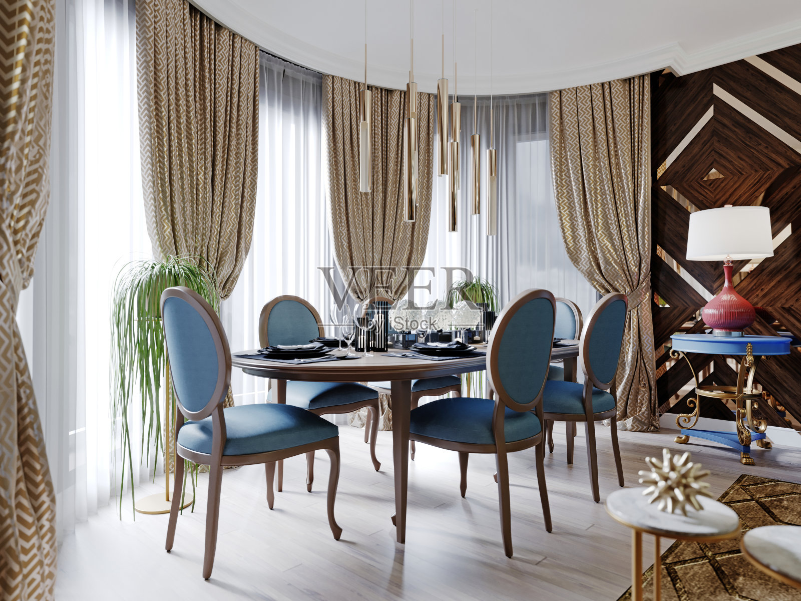 时尚设计师的餐厅,配有供六人用餐的餐桌。蓝色内饰的木制家具,带窗帘的大窗户。照片摄影图片