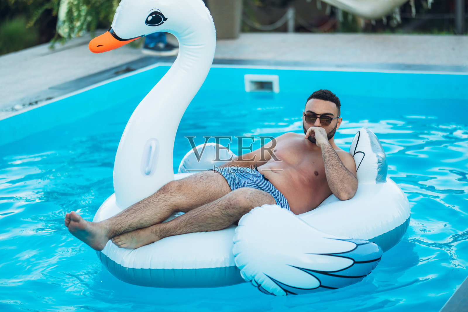 无忧无虑的人在浮天鹅上照片摄影图片