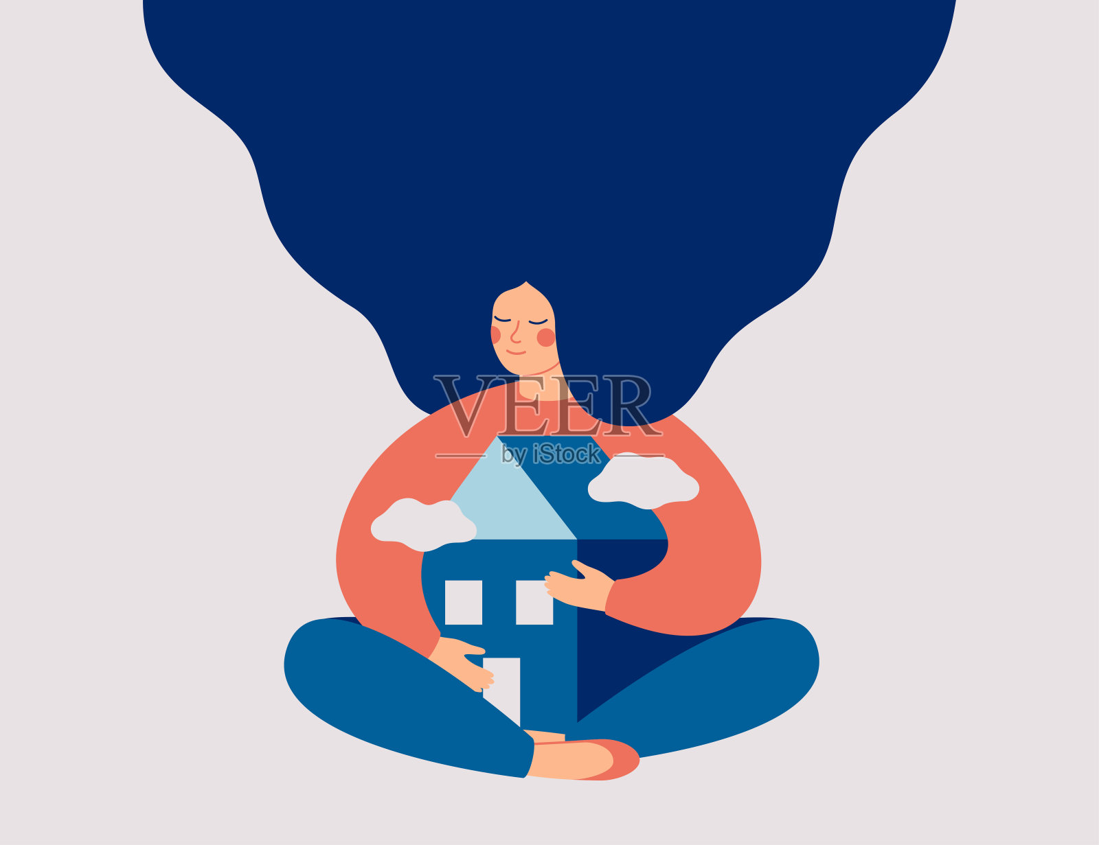 年轻的长发女子用爱和关怀拥抱她的家。插画图片素材