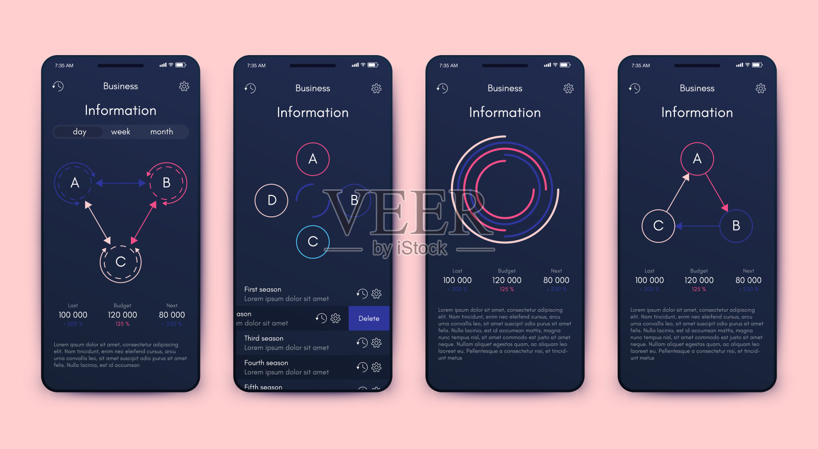 商业手册的现代信息图表向量元素。用于网站,公司宣传册,广告和市场营销。饼图,折线图,条形图和时间线。插画图片素材