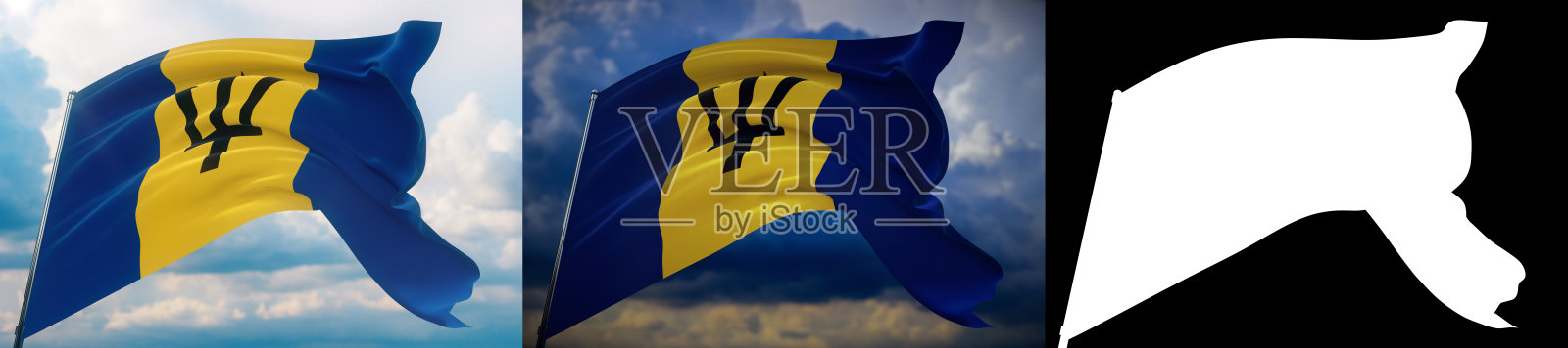 飘扬着巴巴多斯世界旗帜。设置2个旗帜和阿尔法哑光图像。非常高质量的口罩,没有多余的边缘。高分辨率的专业构图。3 d演示。照片摄影图片