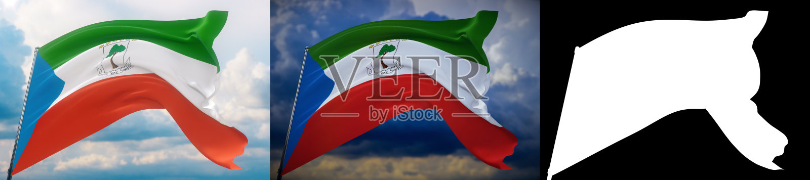 飘扬着赤道几内亚的世界旗帜。设置2个旗帜和阿尔法哑光图像。非常高质量的口罩。高分辨率的专业构图。3 d演示。照片摄影图片