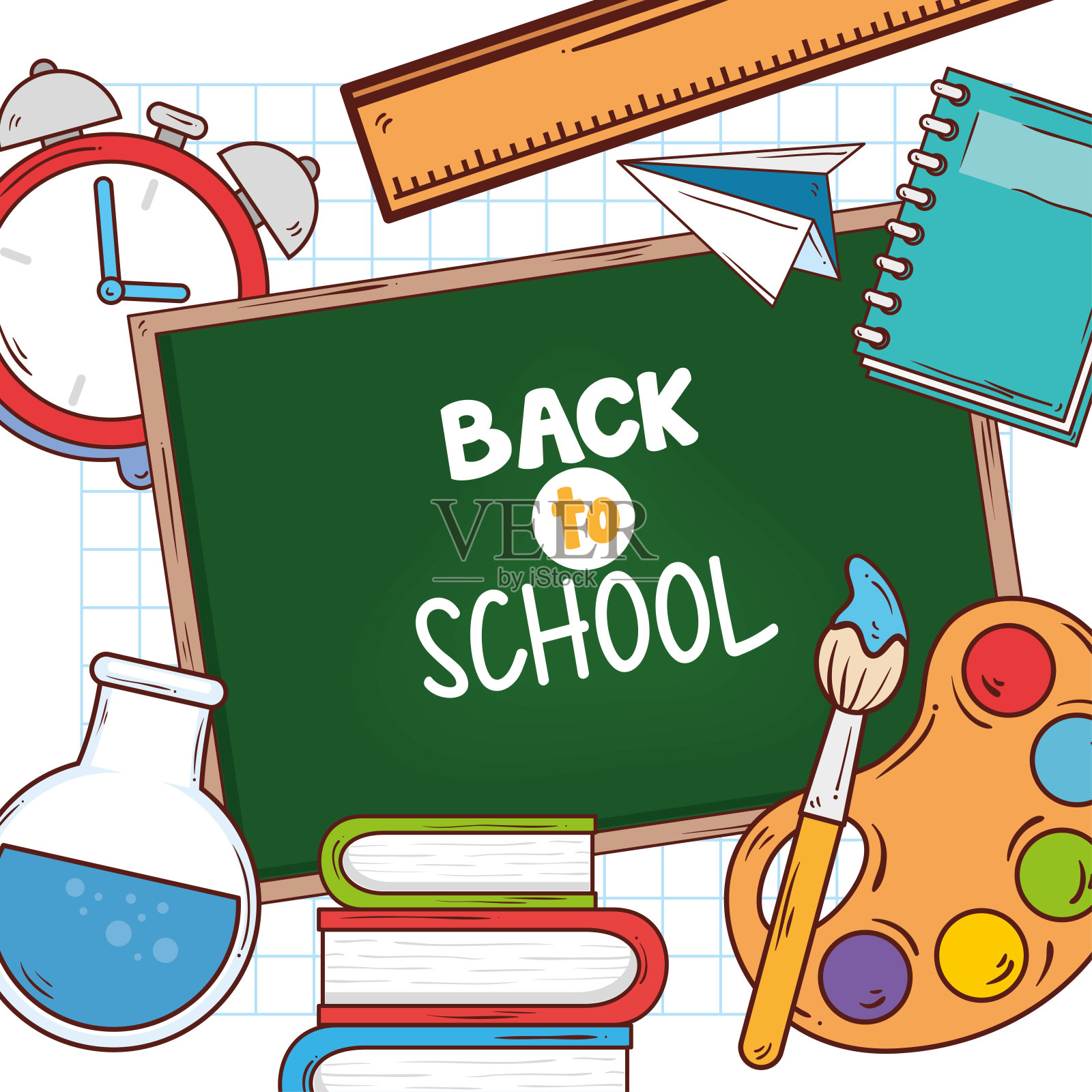 带着黑板和教育用品的横幅回到学校插画图片素材