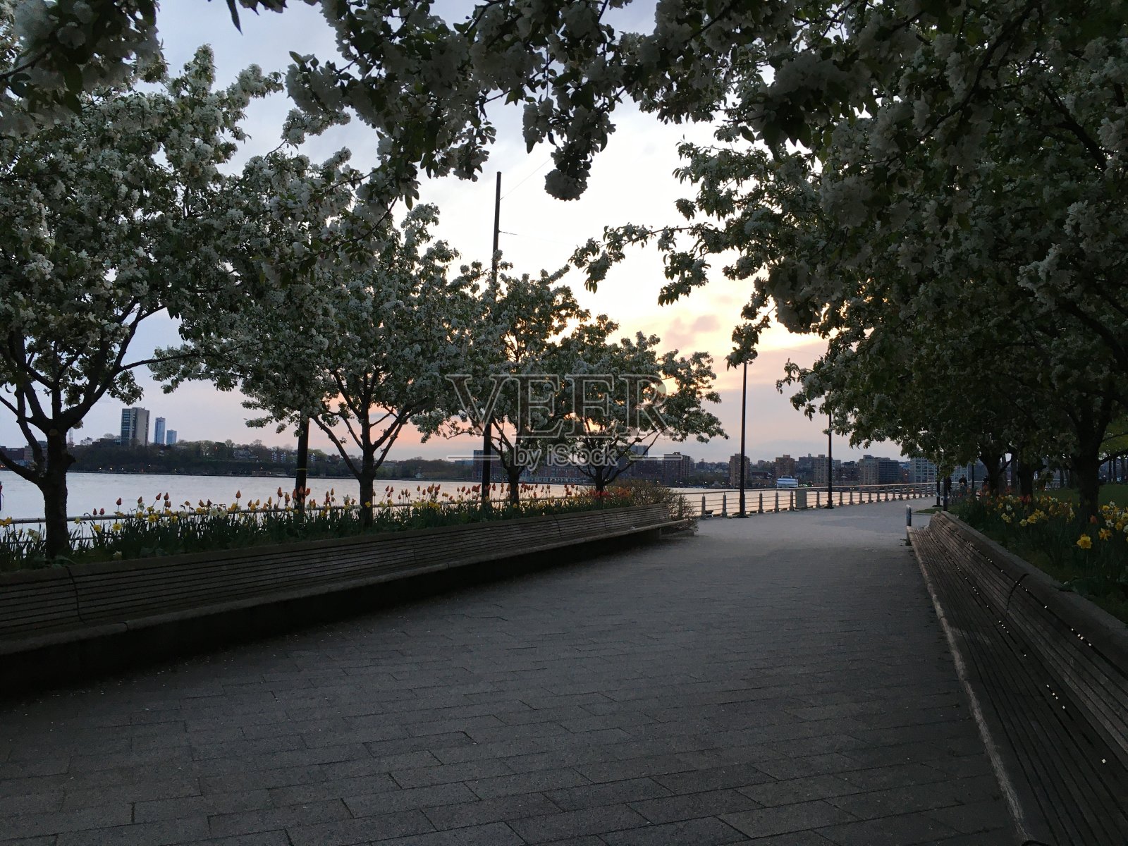 四月在纽约曼哈顿哈德逊河公园的阴天日落。照片摄影图片