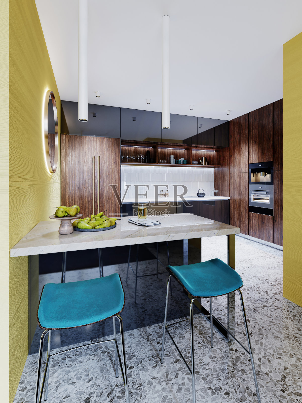 厨房岛吧台与大理石台面和两个海蓝宝石色的酒吧凳子。照片摄影图片