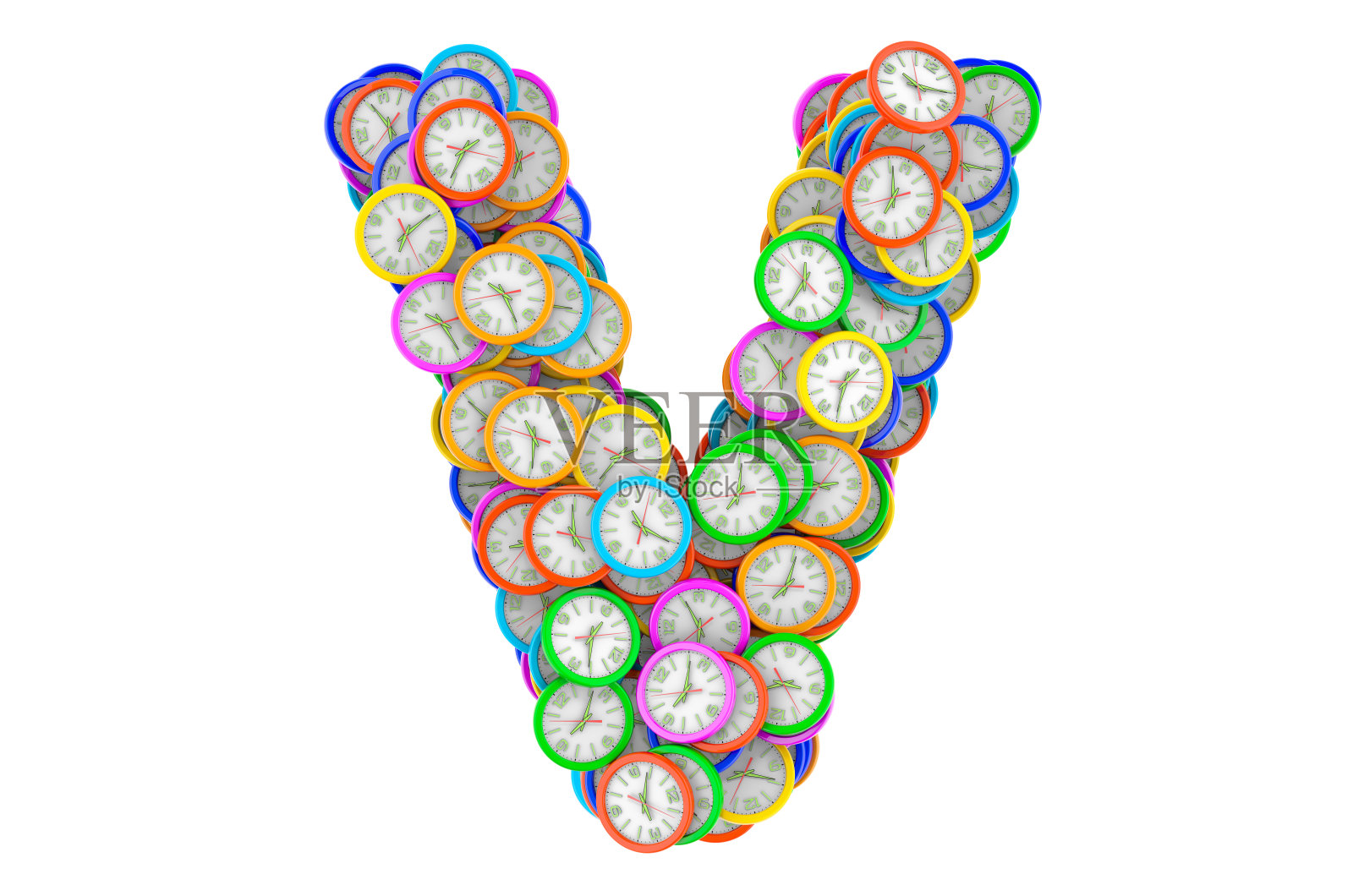 字母V来自彩色挂钟,3D渲染孤立在白色背景上照片摄影图片