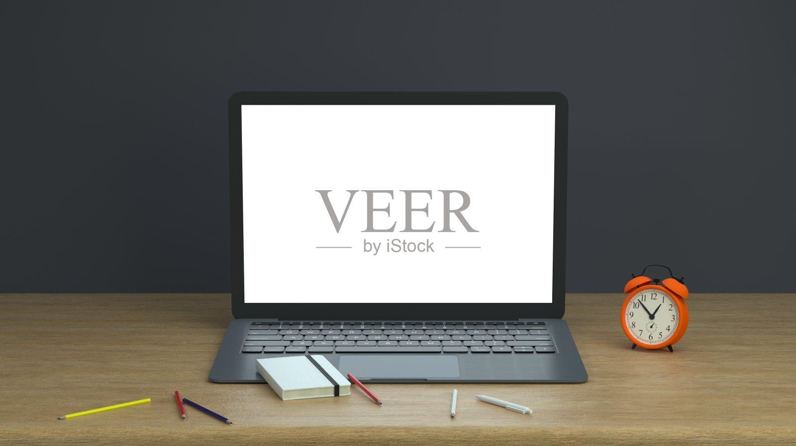 回到学校的笔记本电脑,笔记本电脑和闹钟在木材学生书桌的背景模型与空白笔记本电脑屏幕上的拷贝空间。3 d渲染。照片摄影图片