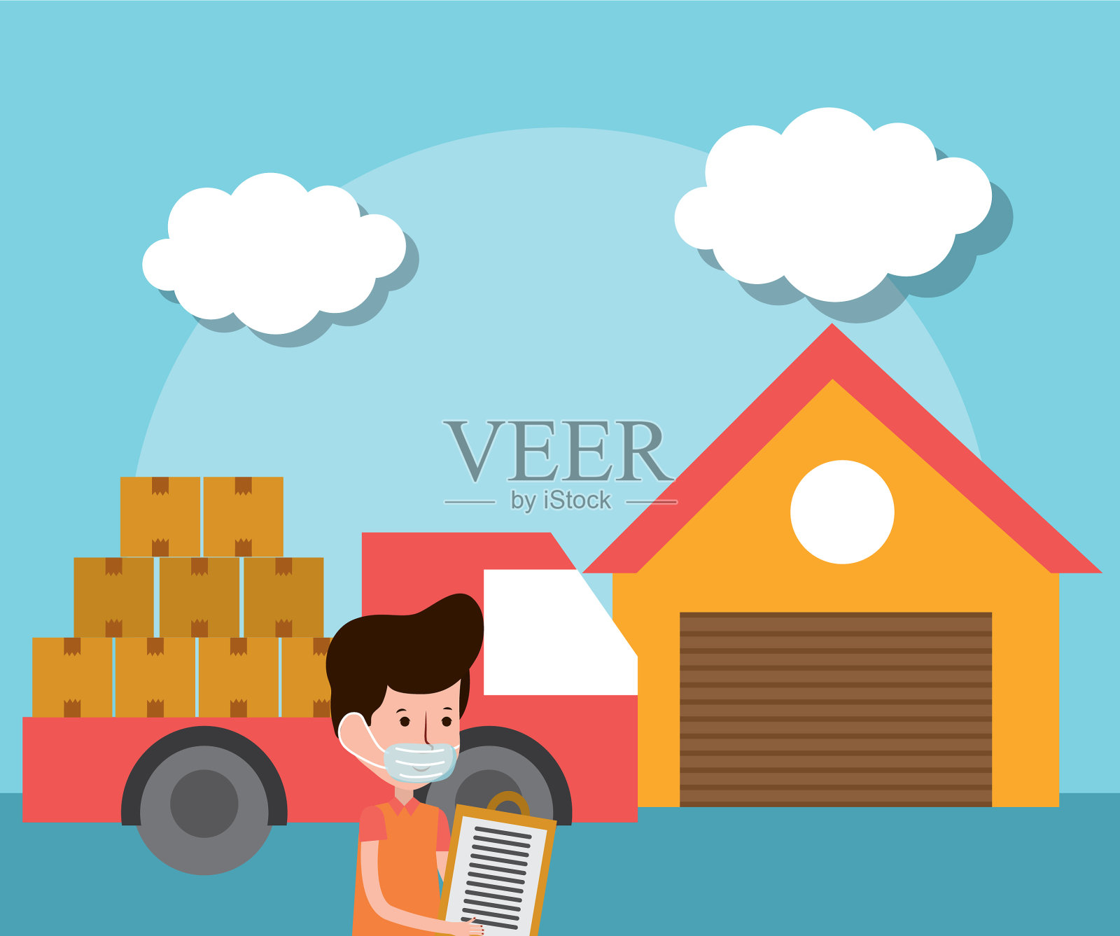 快递员仓库卡车与箱子电子商务插画图片素材