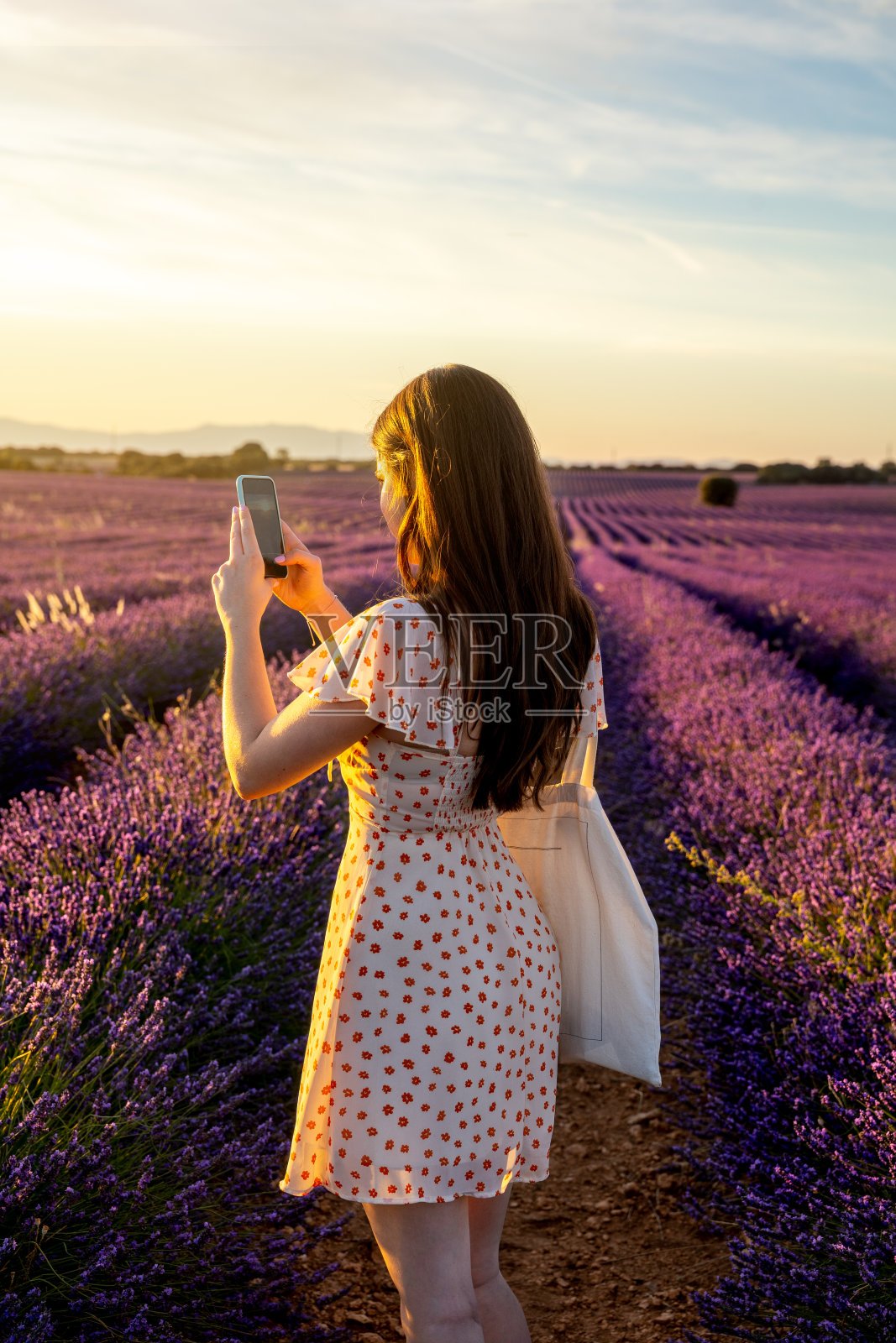 一个女人在花丛中自拍。暑假照片摄影图片