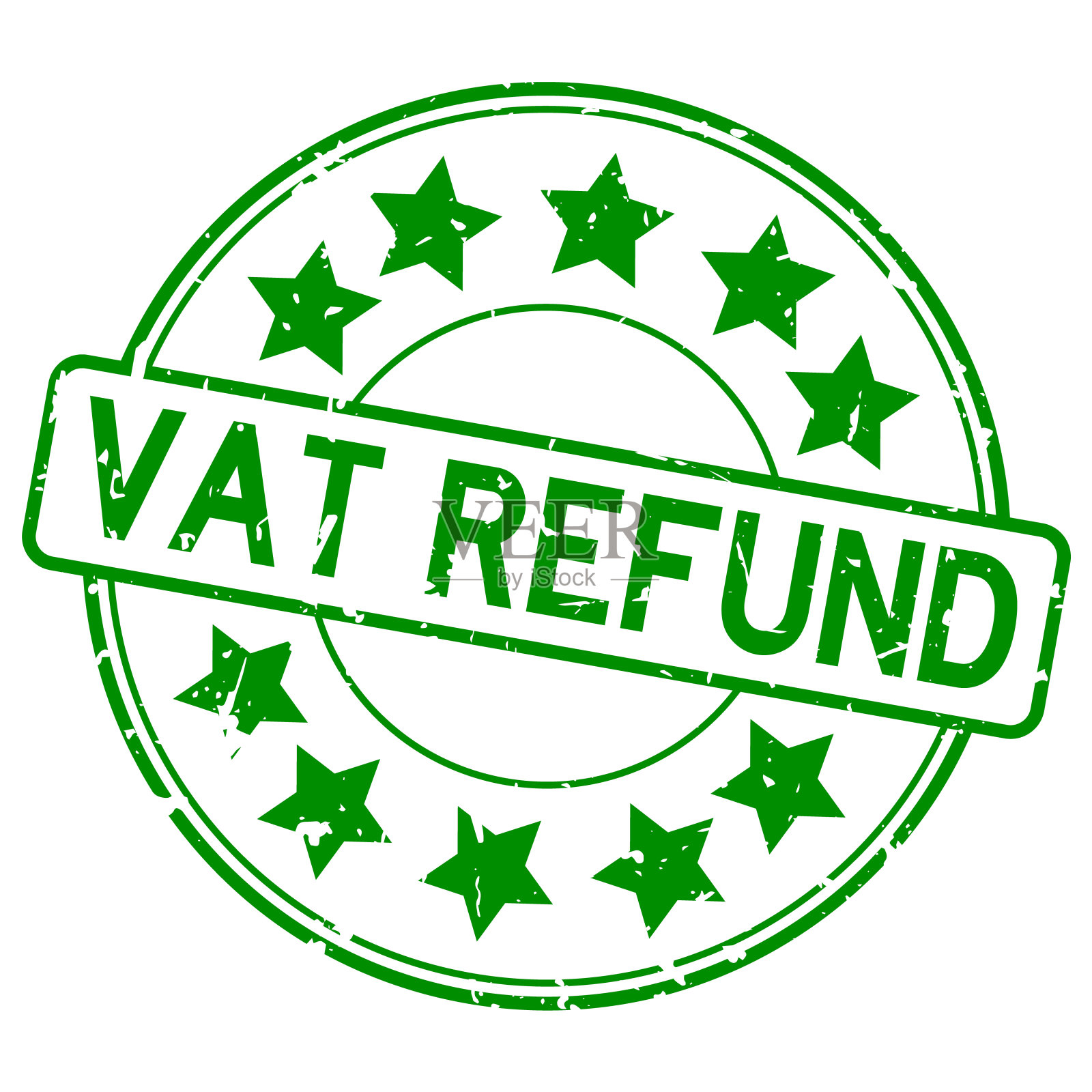 垃圾绿色增值税退款字与星形图标橡胶印章印章上的白色背景插画图片素材