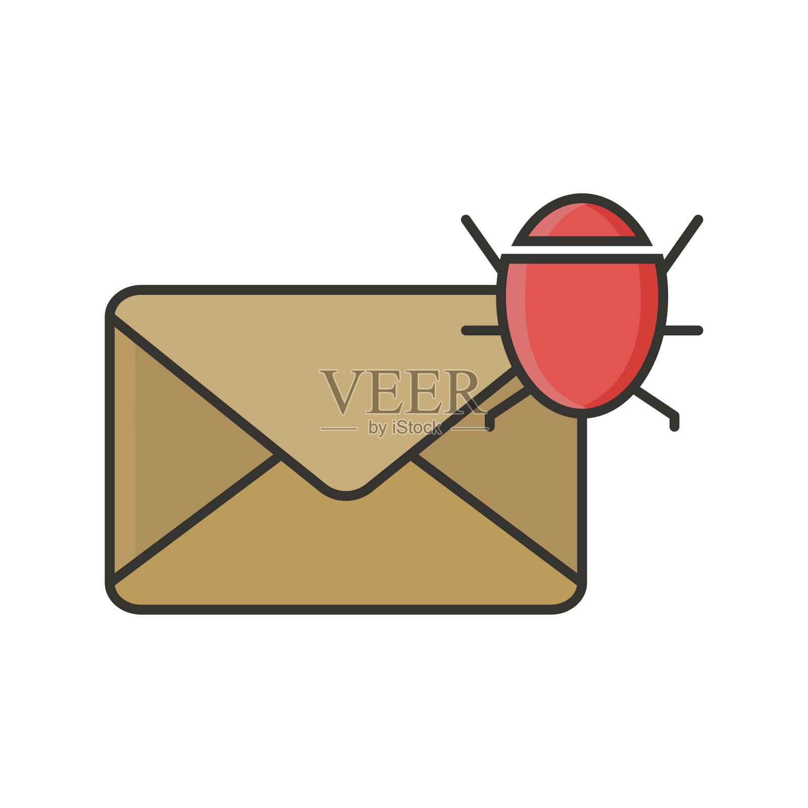 信封和bug图标。垃圾邮件的概念。网络钓鱼或网络犯罪的概念。平面风格的插图。图标素材