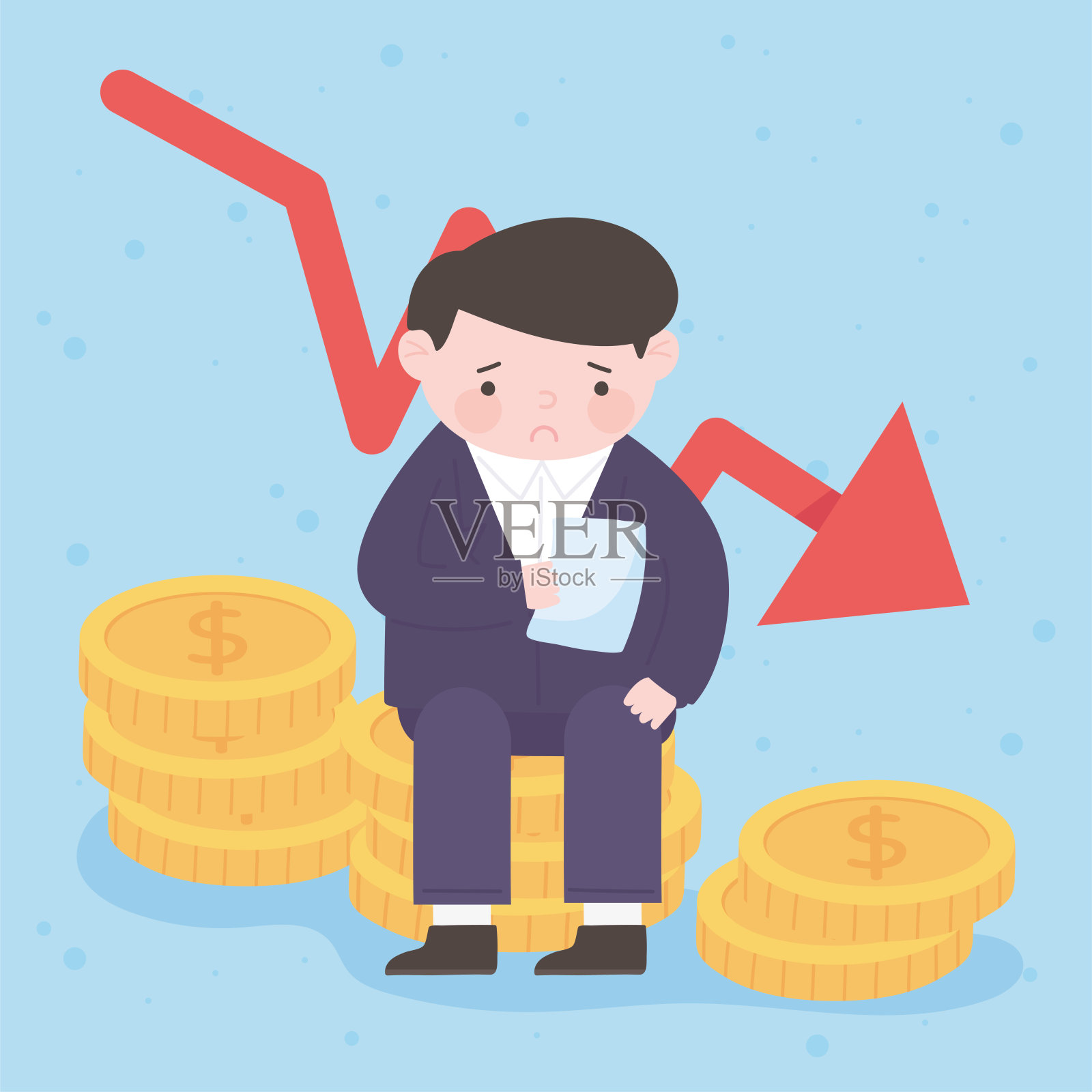 商人站在硬币上,面临财务危机插画图片素材
