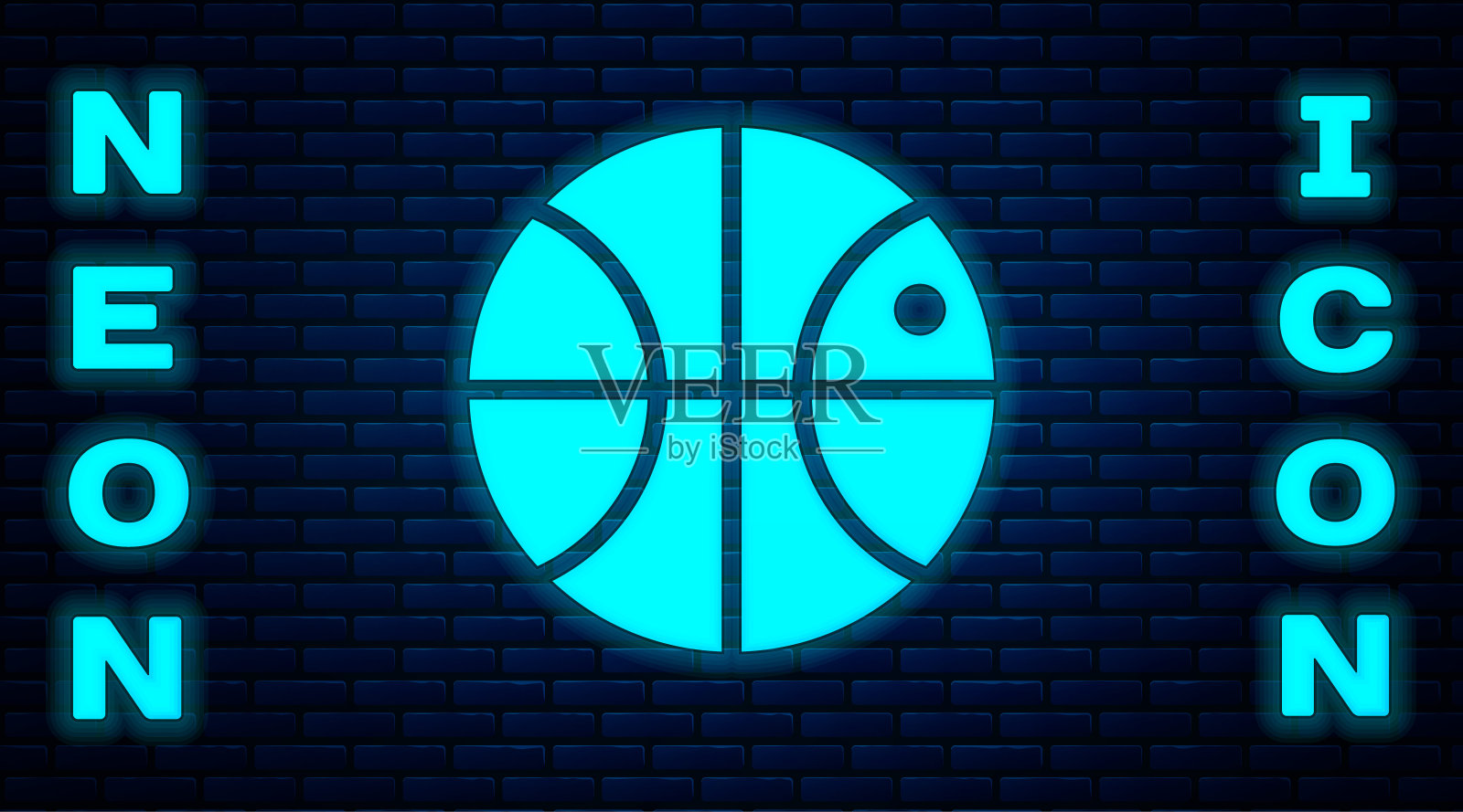 发光的霓虹灯篮球图标孤立在砖墙的背景。运动的象征。矢量图图标素材