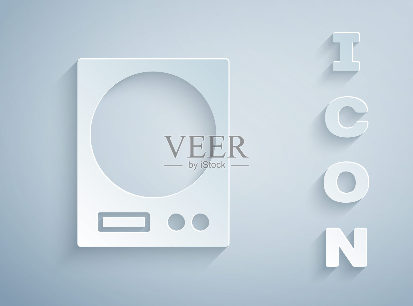 剪纸电子秤图标孤立在灰色背景。体重测量设备。纸艺术风格。矢量图插画图片素材