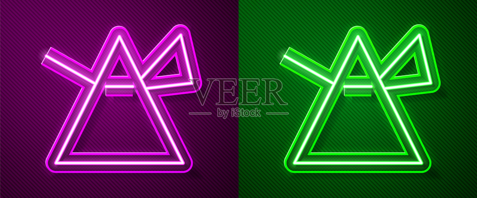 发光的霓虹线光线在棱镜图标孤立在紫色和绿色的背景。玻璃棱镜中的光线彩虹光谱色散光学效应。矢量图插画图片素材