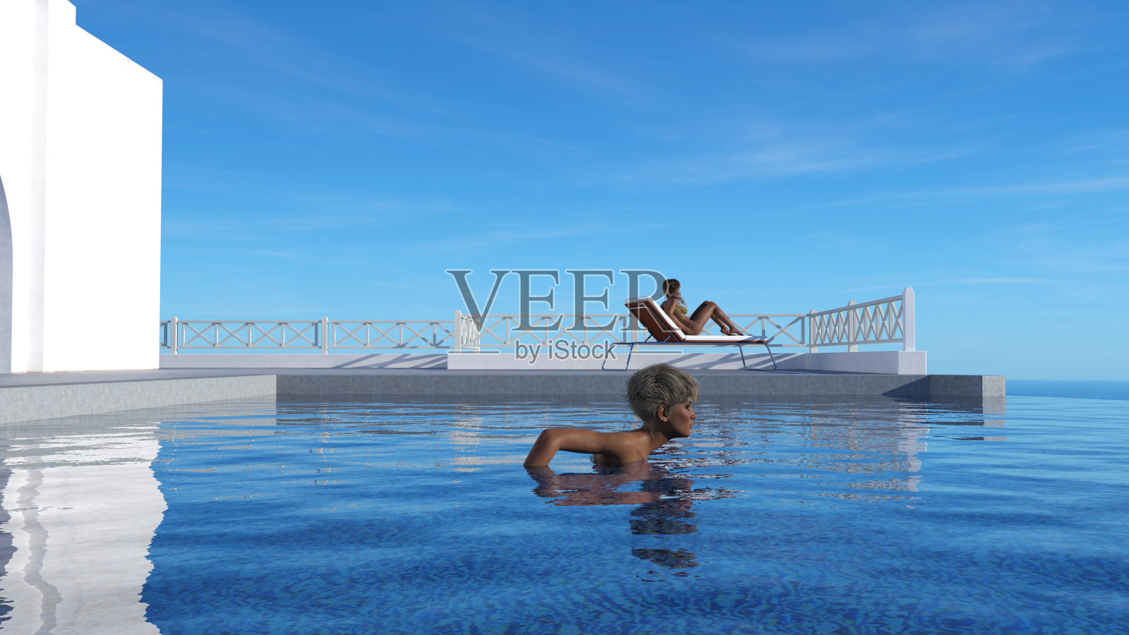 一个女人在游泳池里游泳,她的朋友在做日光浴照片摄影图片