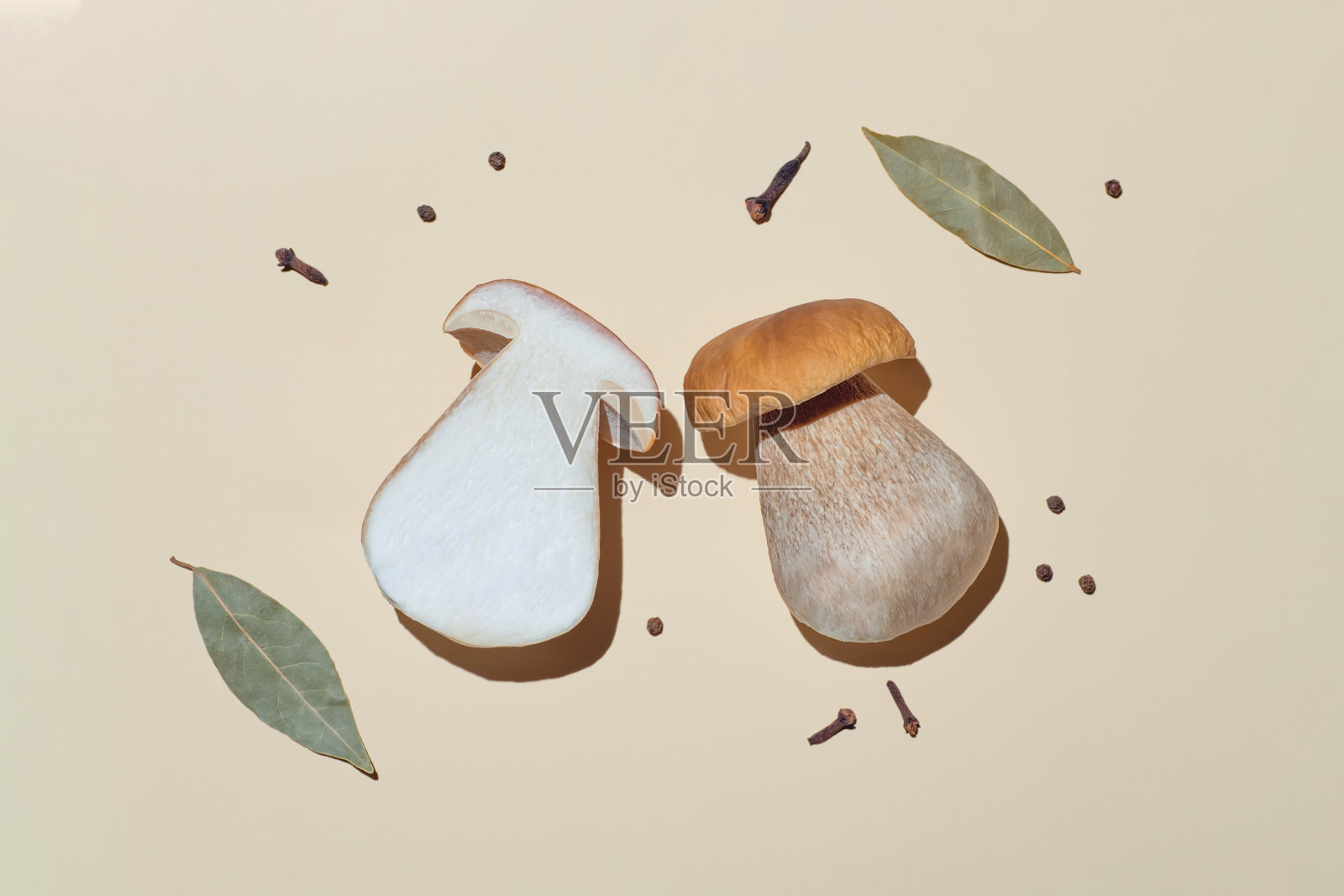 一层平铺的蘑菇和腌黄瓜的调味料,在明亮的背景下,加上粗糙的阴影:鸡油菌、牛肝菌、绿色蔬菜、月桂叶、丁香和辣椒照片摄影图片