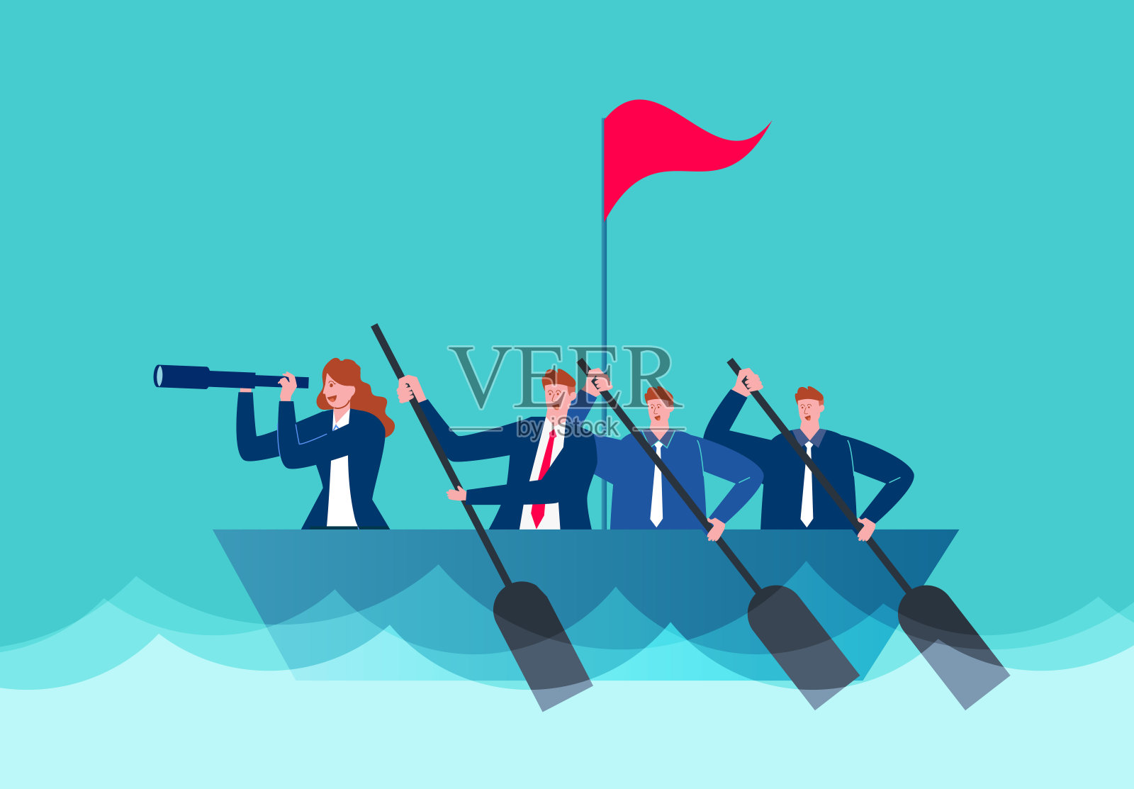 手持望远镜的女领队带领她的团队在海洋中划桨插画图片素材