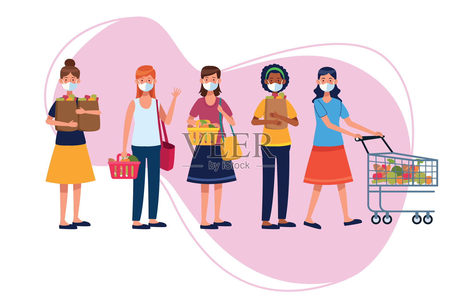 人们带着口罩在超市购物插画图片素材