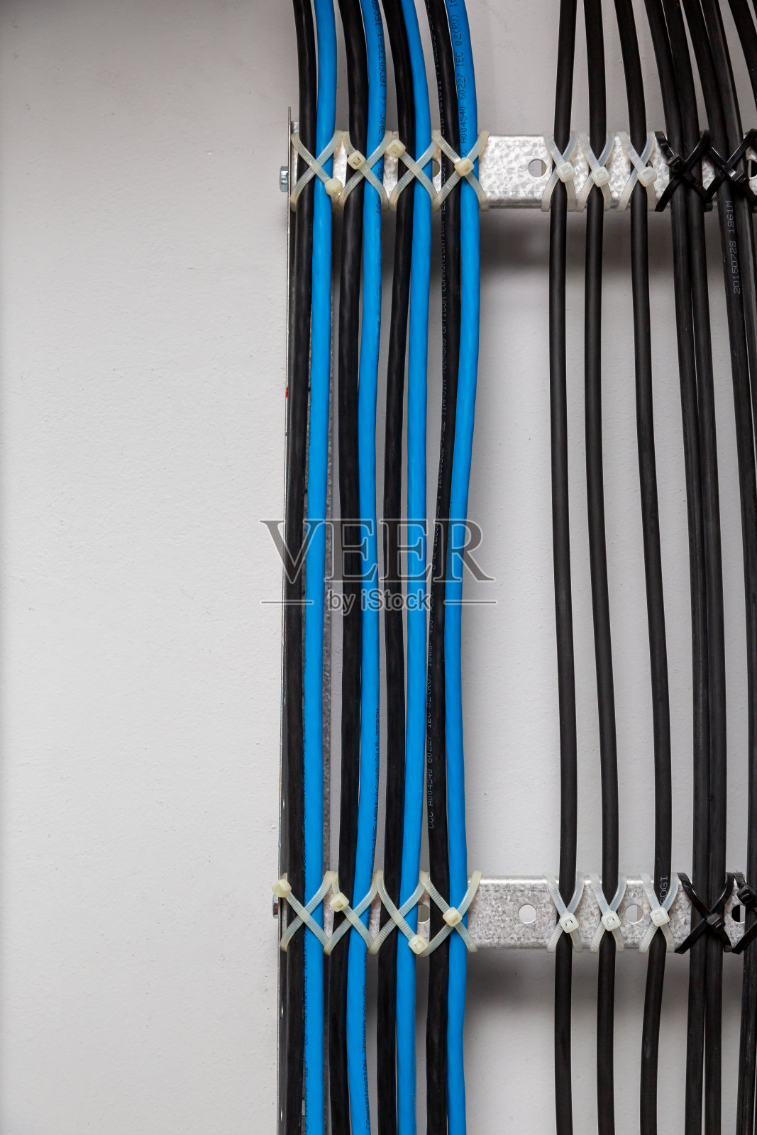 黑色和蓝色的线缆用白色线扣对称固定在白色背景的金属线架、梯子上。电缆管理。垂直方向照片摄影图片