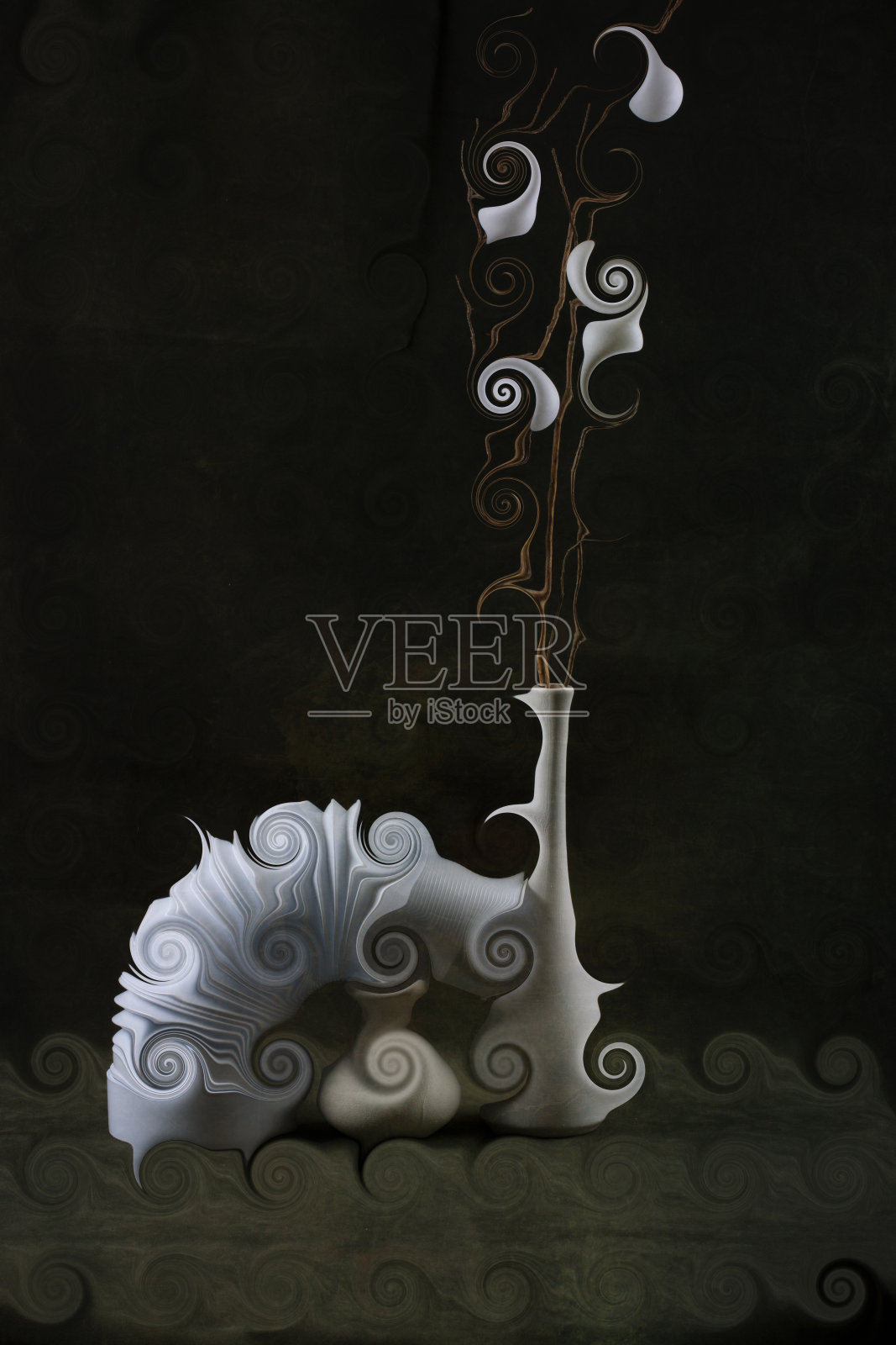 在黑暗背景上有漩涡物体的抽象图像。插画图片素材