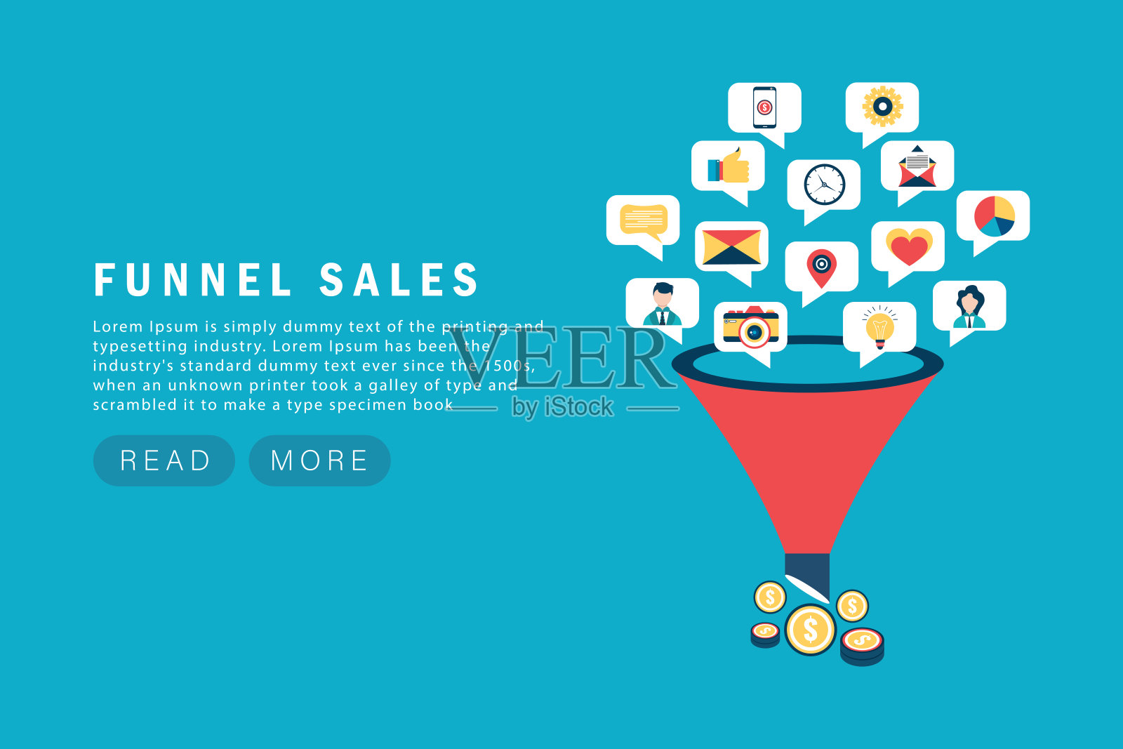 销售漏斗的一代。数字营销漏斗带领一代又一代的买家。策略、转化率优化矢量概念插画图片素材