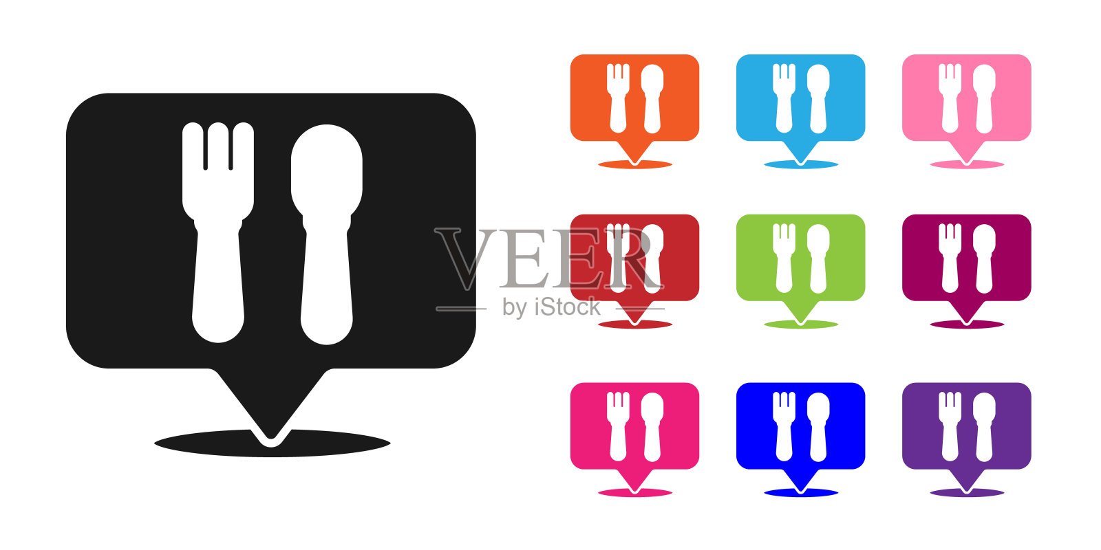 黑色咖啡馆和餐厅的位置图标孤立在白色背景上。叉子和勺子的餐馆标志在针尖。设置彩色图标。矢量插图。插画图片素材