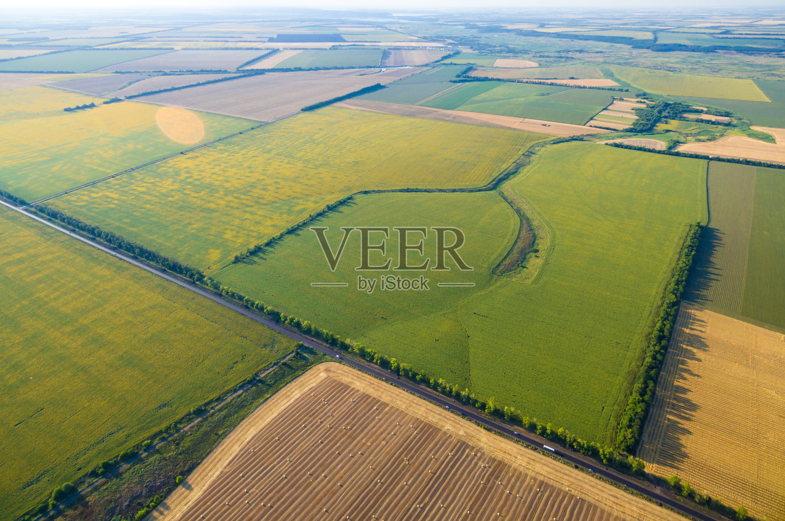 鸟瞰图与小麦秸秆卷捆和向日葵田照片摄影图片