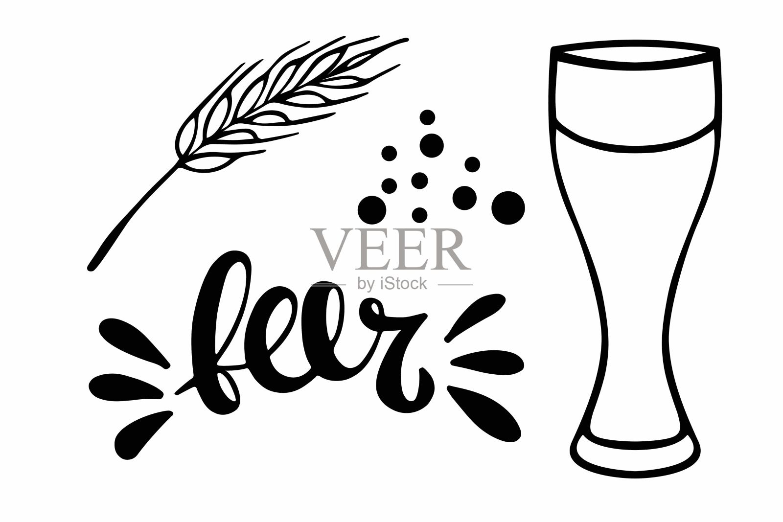 啤酒节。线性空啤酒杯,啤酒字母,尖刺,气泡。啤酒节的节日。手绘单色插图。黑色矢量草图上的白色。菜单,海报,派对装饰插画图片素材