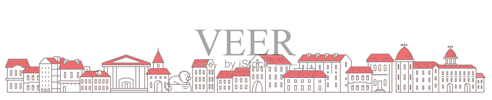 城市全景。历史悠久的低层市中心区。红色的屋顶。长水平旗帜。副本的空间。矢量等高线轮廓插图。插画图片素材