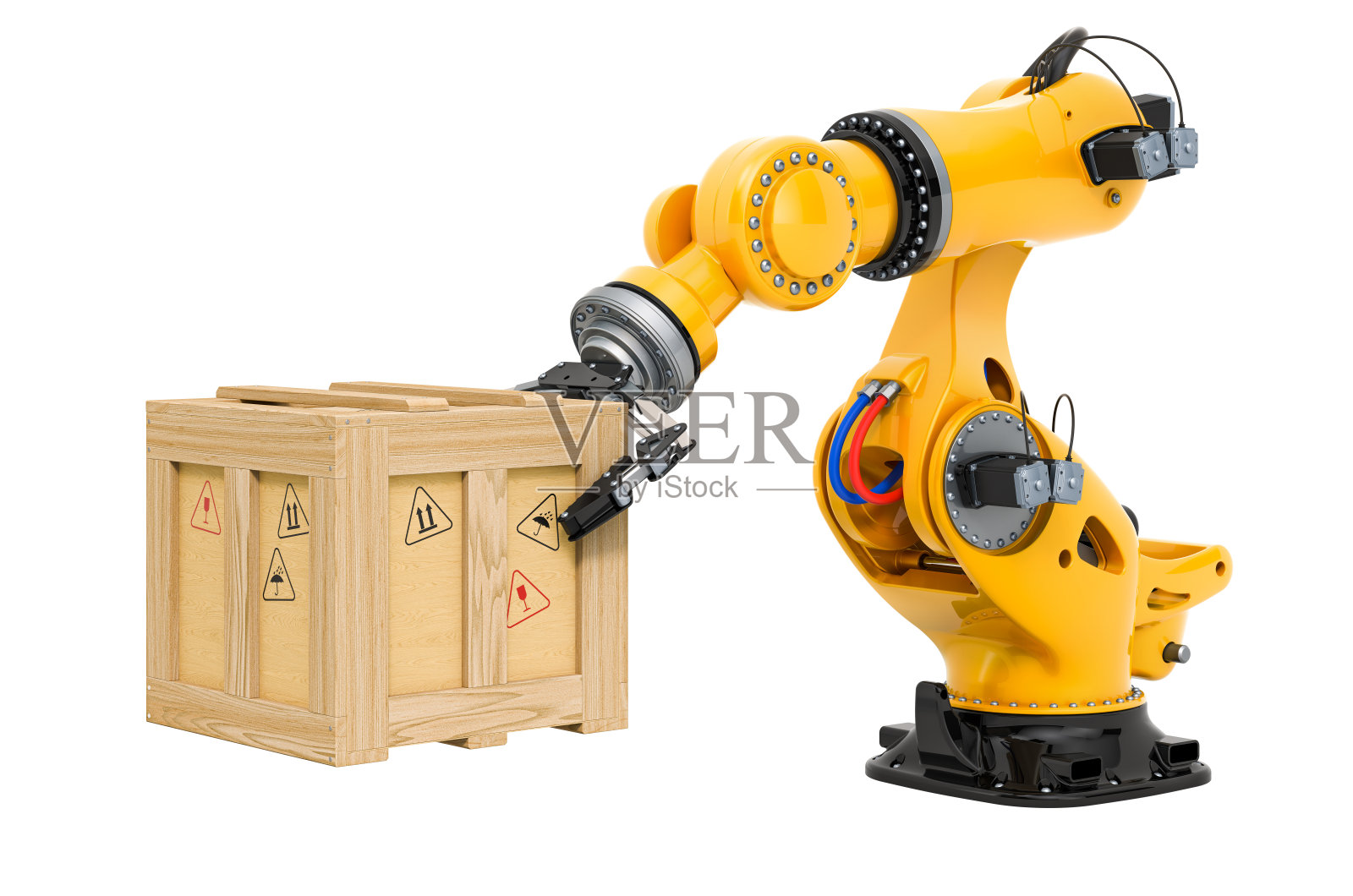 机械臂与木箱。3D渲染孤立的白色背景照片摄影图片