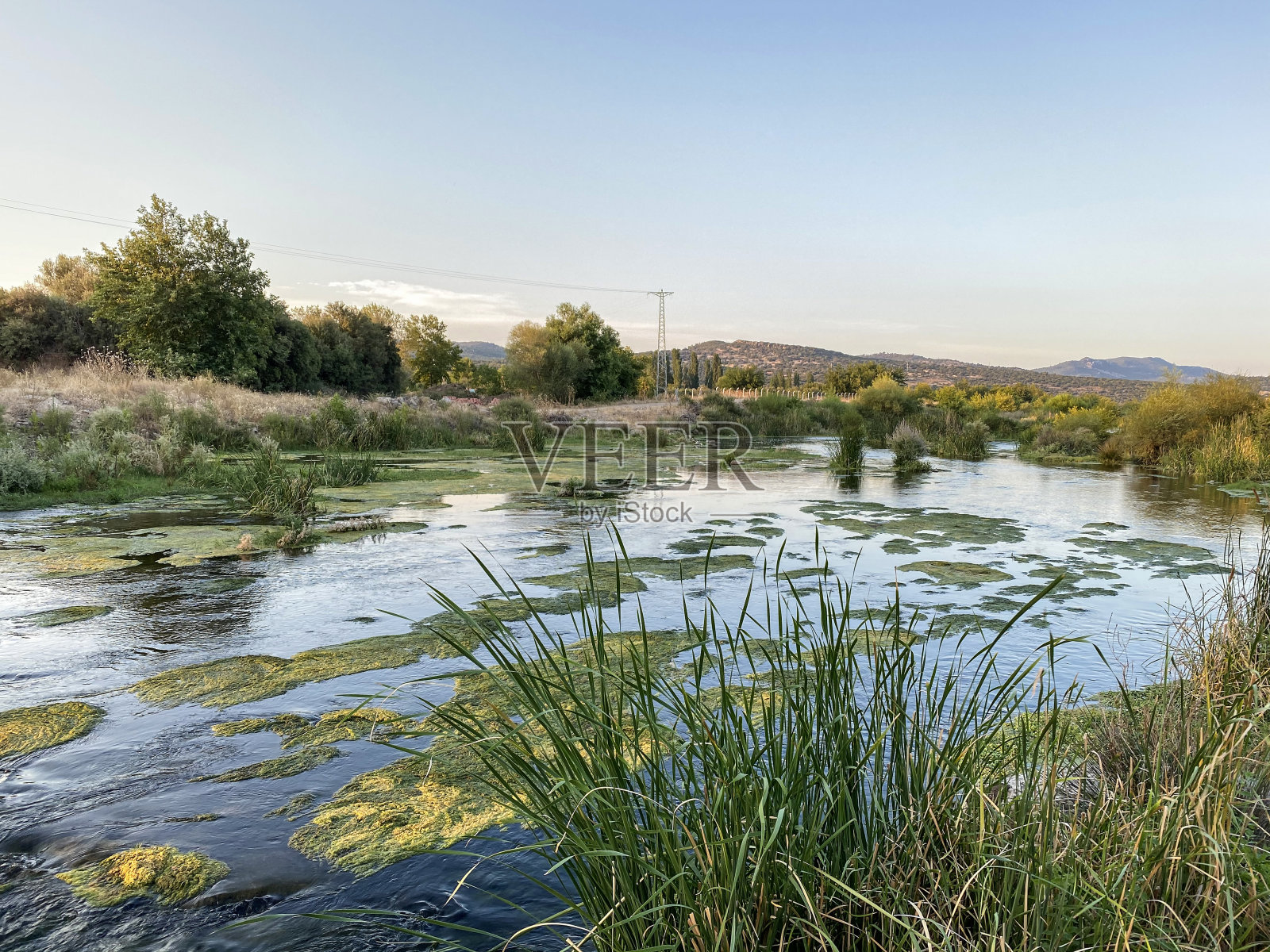 惊人的河流岩石流动。夕阳下壮观的河景。河野岩观。河野生岩石。照片摄影图片