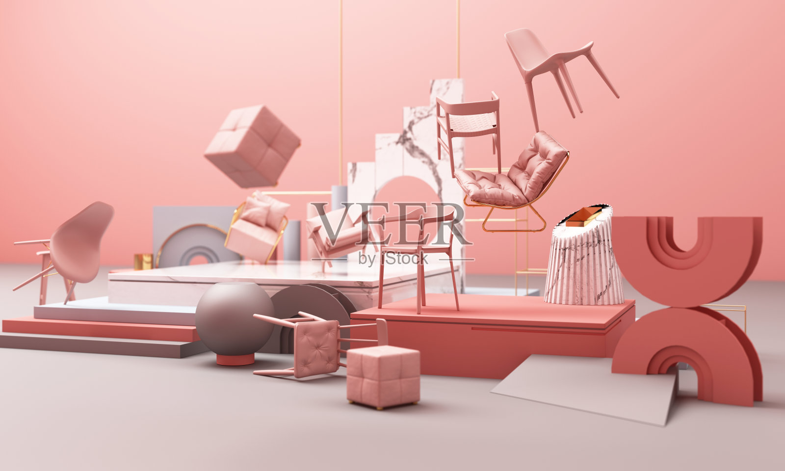 几何形状的椅子,大理石纹理3d渲染照片摄影图片